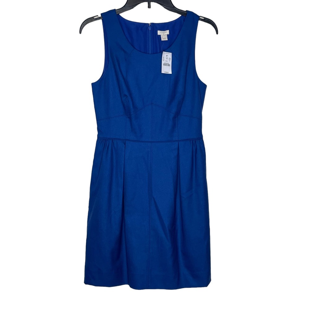 J.Crew Women's Dress Sleeveless Sheath Lined  Pleated Wool Scoop Neck Blue 4 NWT